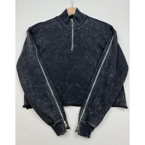 Hot Topic Women's Black 1/4 Zip Pullover Sweatshirt SM Cropped Acid Wash Goth